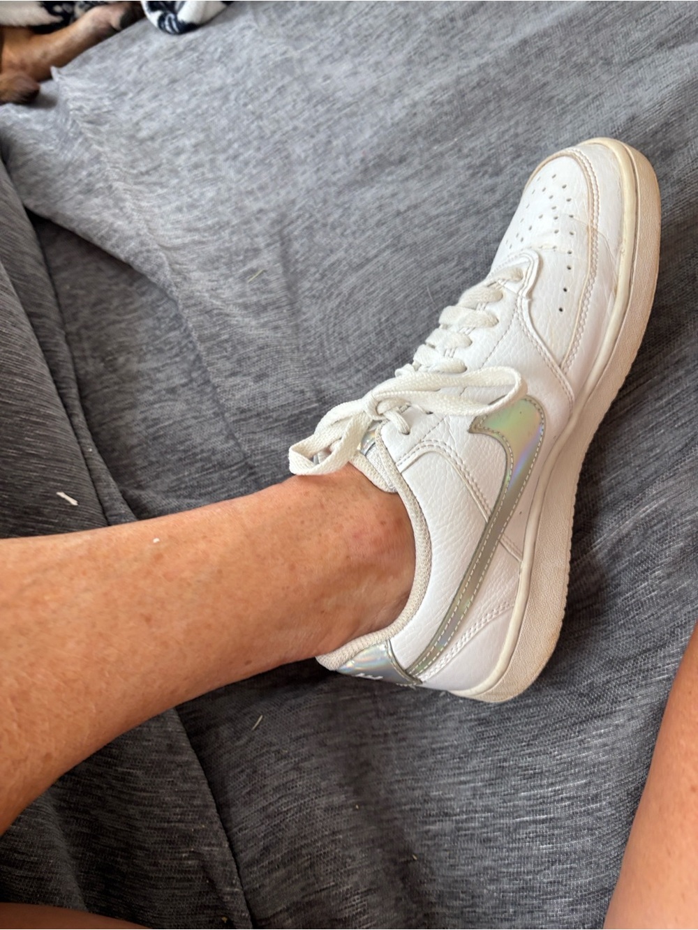 Nike White Leather Court Vision Low with Iridescent Swoosh Women’s size 9